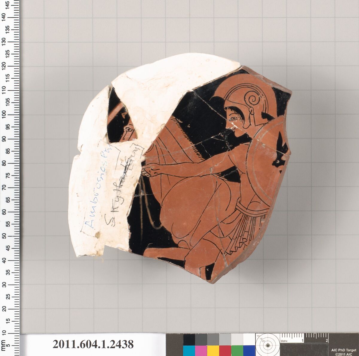 Terracotta fragment of a kylix (drinking cup), Attributed to the Ambrosios Painter [DvB], Terracotta, Greek, Attic 