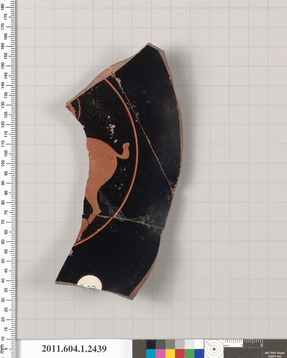 Terracotta fragment of a kylix (drinking cup), Attributed to the Ambrosios Painter [DvB], Terracotta, Greek, Attic 