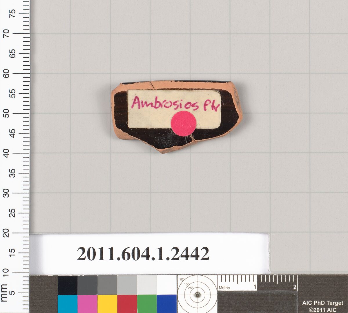 Terracotta rim fragment of a kylix (drinking cup), Attributed to the Ambrosios Painter [DvB], Terracotta, Greek, Attic