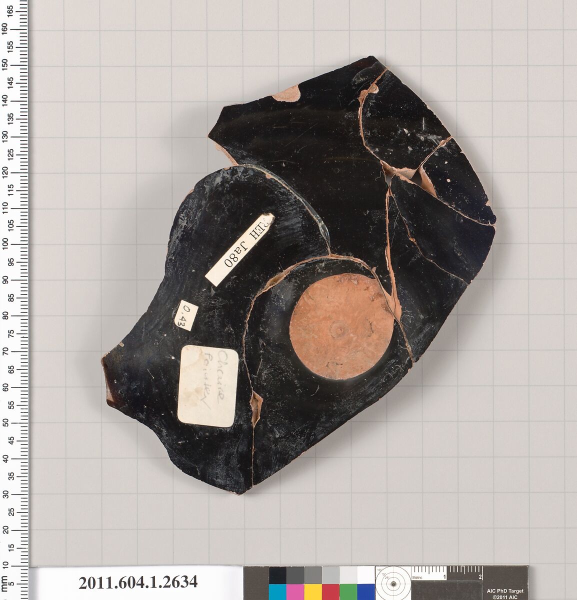 Terracotta fragment of a kylix (drinking cup), Attributed to the Chaire Painter [DvB], Terracotta, Greek, Attic