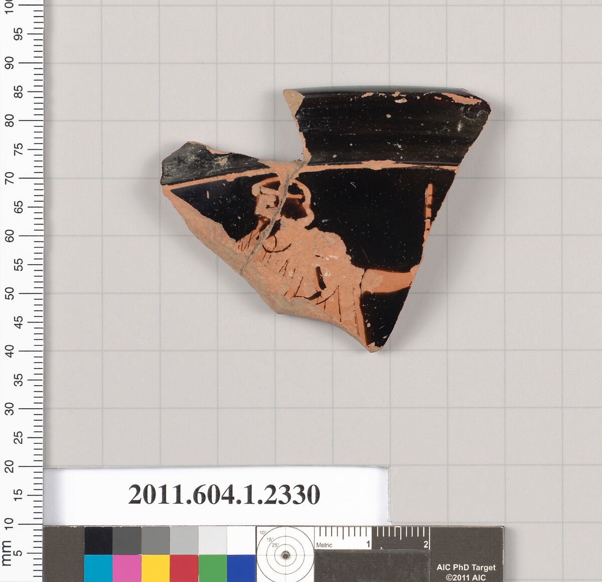 Terracotta rim fragment of a kylix (drinking cup), Attributed to the Carlsruhe Painter [DvB], Terracotta, Greek, Attic 