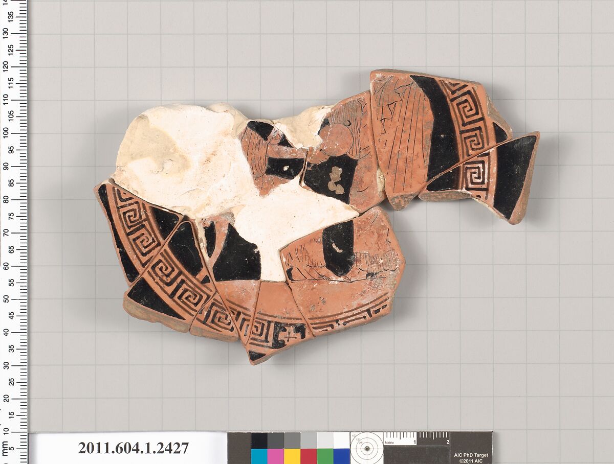 Terracotta fragment of a kylix (drinking cup), Attributed to the Sabouroff Painter [DvB], Terracotta, Greek, Attic 