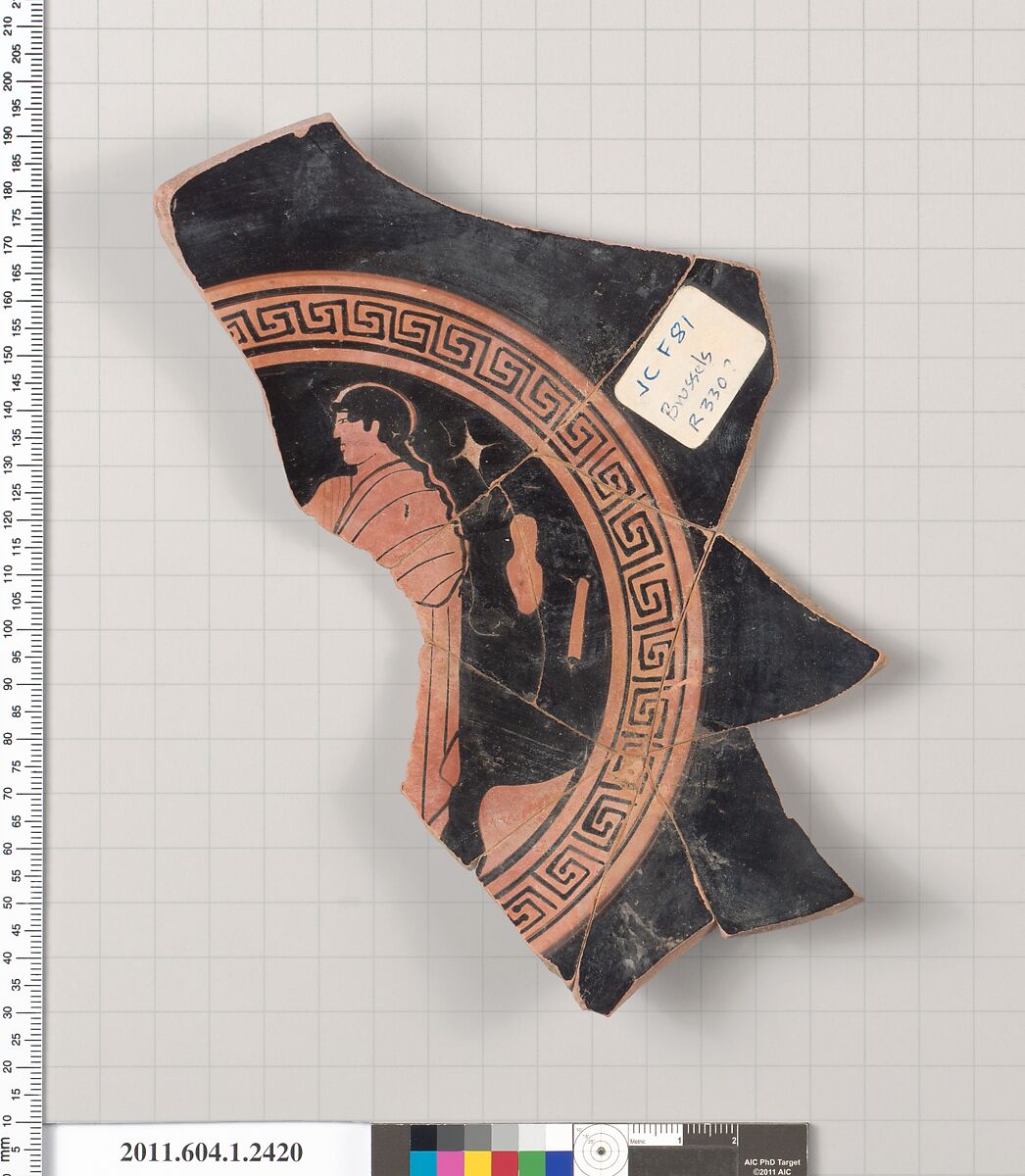 Terracotta fragment of a kylix (drinking cup), Attributed to the Painter of Brussels R 330 [DvB], Terracotta, Greek, Attic 