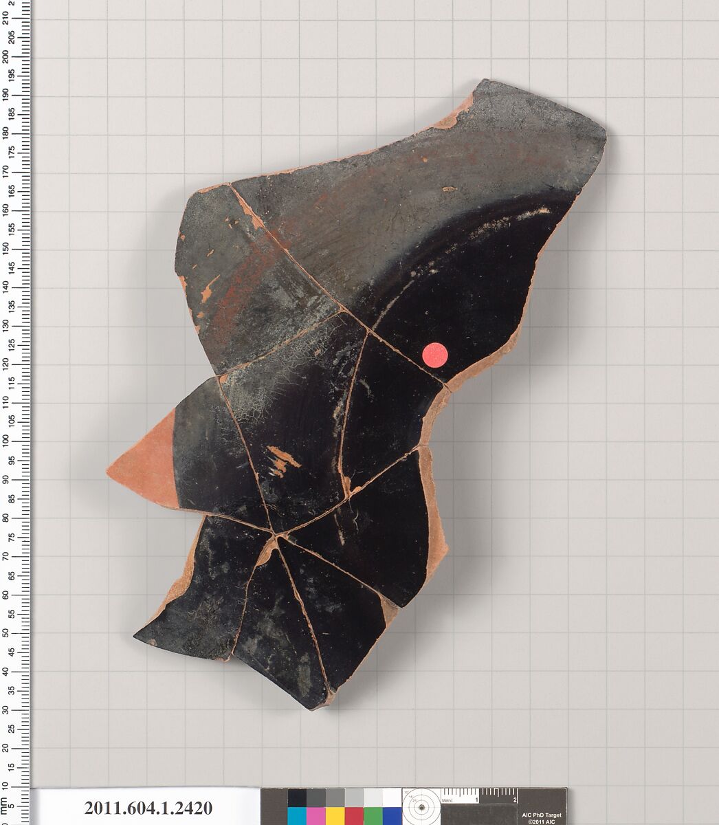 Terracotta fragment of a kylix (drinking cup), Attributed to the Painter of Brussels R 330 [DvB], Terracotta, Greek, Attic