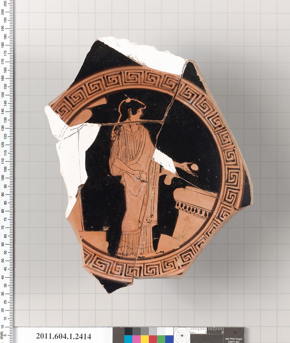 Terracotta fragment of a kylix (drinking cup), Attributed to the Stieglitz Painter [DvB], Terracotta, Greek, Attic 