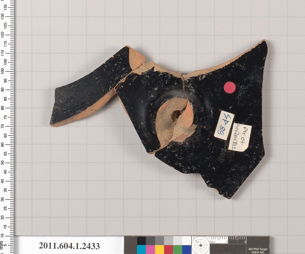 Terracotta fragment of a kylix (drinking cup), Attributed to the Painter of London D 12 [DvB], Terracotta, Greek, Attic