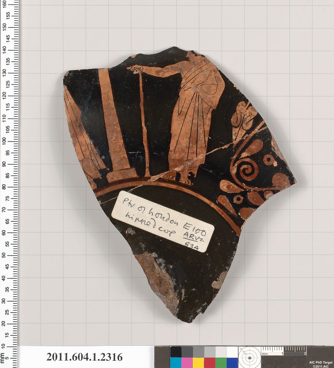 Terracotta fragment of a kylix (drinking cup), Attributed to the Painter of London E 100 [DvB], Terracotta, Greek, Attic