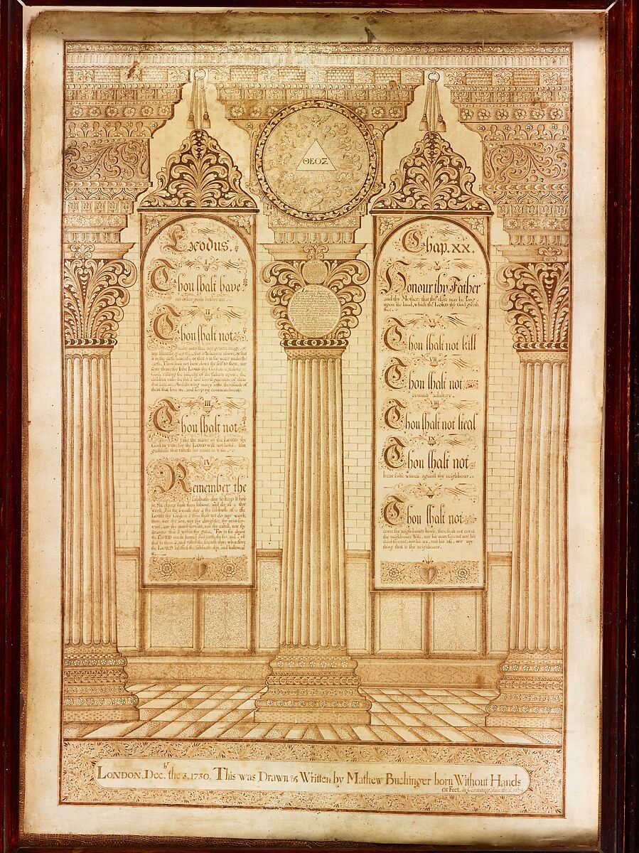 Ten Commandments, London, December 3, 1730, Matthias Buchinger (German, Ansbach 1674–1739), Pen and ink on vellum 