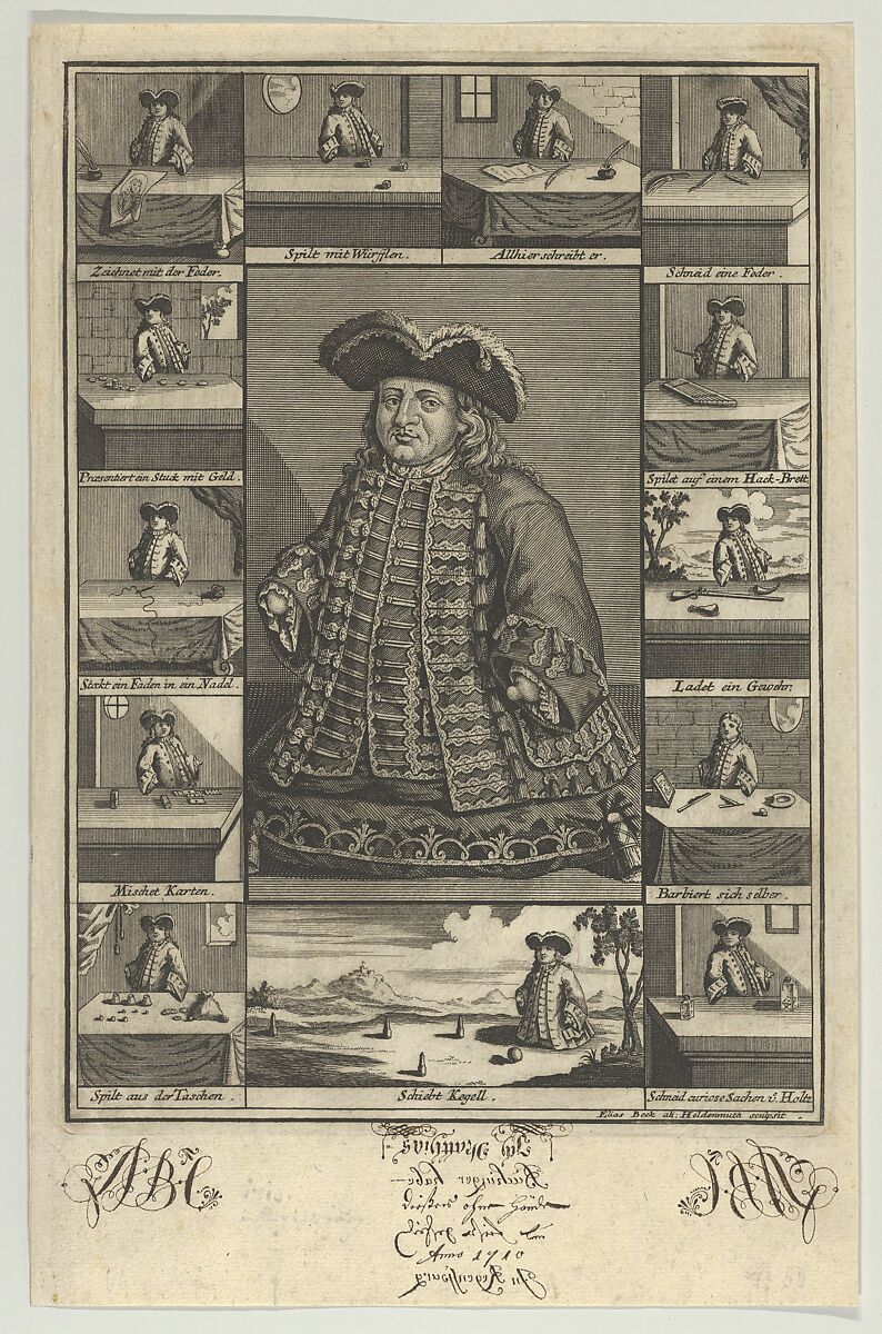 Portrait of Matthias Buchinger Surrounded by Thirteen Vignettes, Elias Baeck (German, Laybach 1679–1747 Augsburg), Etching 