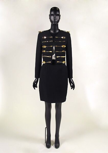 Ensemble, House of Moschino (Italian, founded 1983), wool, silk, metal, Italian 