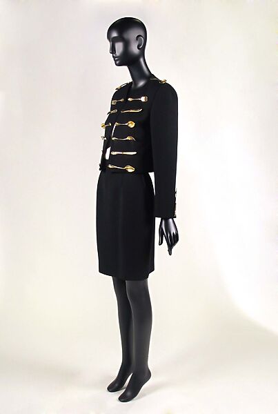 Ensemble, House of Moschino (Italian, founded 1983), wool, silk, metal, Italian
