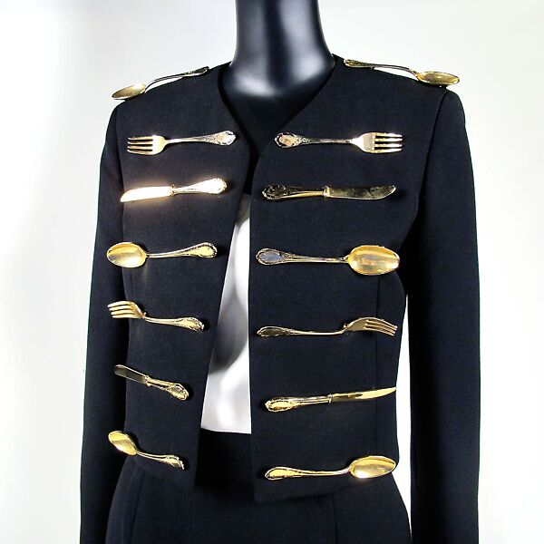 Ensemble, House of Moschino (Italian, founded 1983), wool, silk, metal, Italian