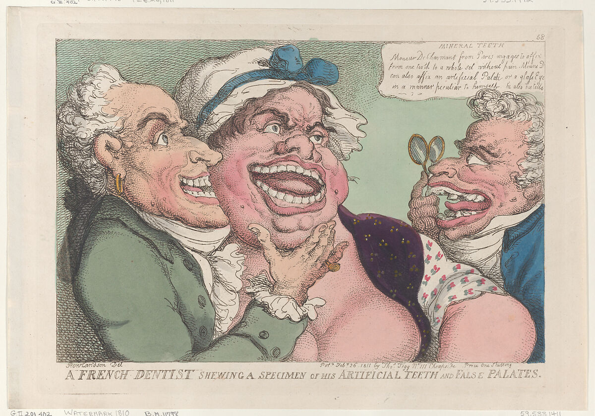 A French Dentist Shewing a Specimen of His Artificial Teeth and False Palates, Thomas Rowlandson (British, London 1757–1827 London), Hand-colored etching 