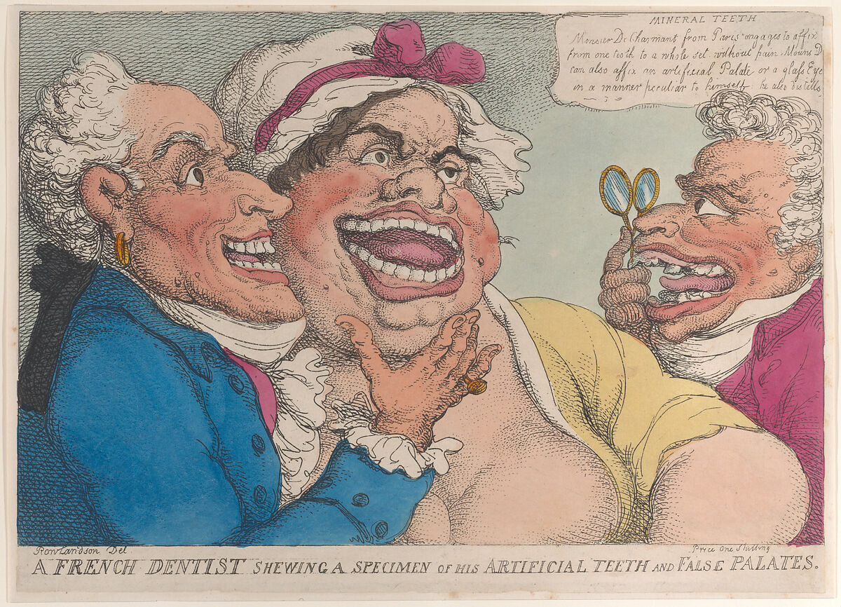A French Dentist Shewing a Specimen of His Artificial Teeth and False Palates, Thomas Rowlandson (British, London 1757–1827 London), Hand-colored etching