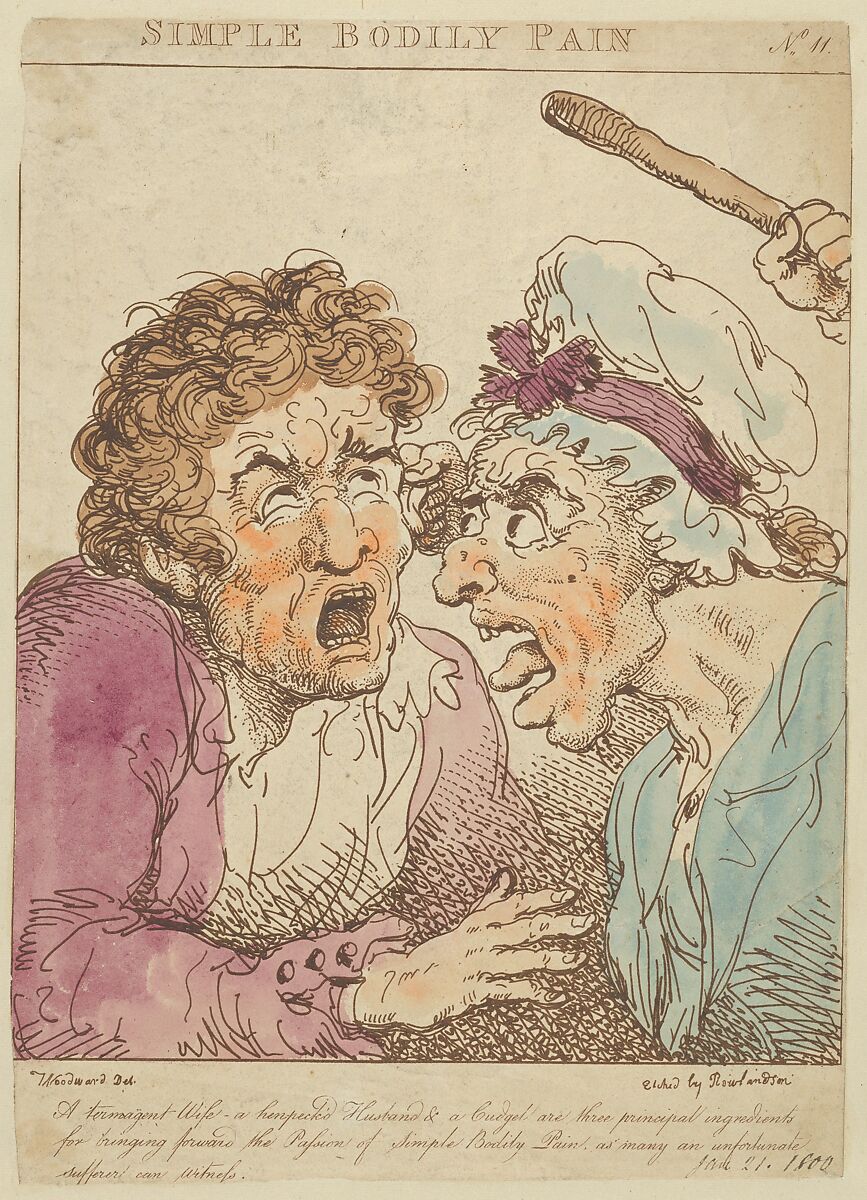 Simple Bodily Pain, Thomas Rowlandson (British, London 1757–1827 London), Hand-colored etching, printed in brown ink 