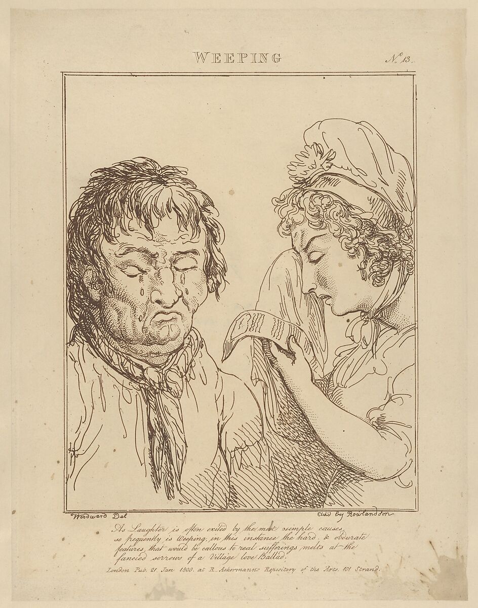 Weeping (Le Brun Travested, or Caricatures of the Passions), Thomas Rowlandson (British, London 1757–1827 London), Etching, printed in brown ink 