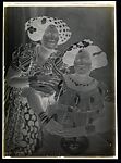 Two women with classic two-lobed coiffure, fancy head cloths, Glass, emulsion