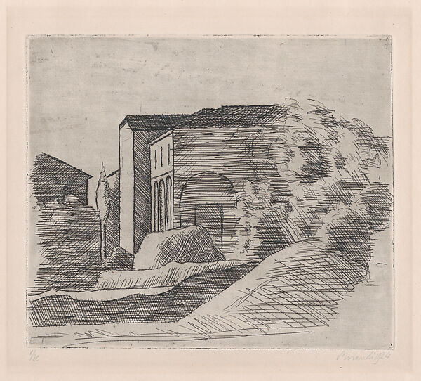 The Little House at the Portico and the Cypress (Large Sheet), Giorgio Morandi (Italian, Bologna 1890–1964 Bologna), Etching 