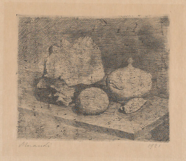 Still Life with Sugar Bowl, Shell, and Fruit, Giorgio Morandi (Italian, Bologna 1890–1964 Bologna), Etching 