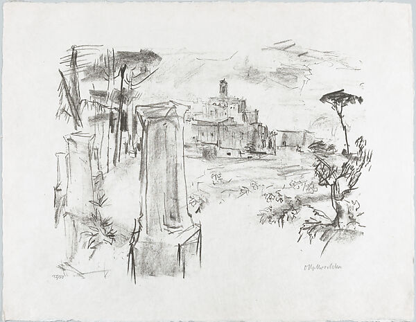 Village with Column in the Foreground (plate 3 from Apulia portfolio), Oskar Kokoschka (Austrian, Pöchlarn 1886–1980 Montreux), Lithograph 