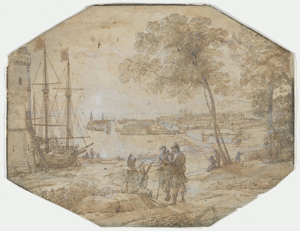 Coast Scene with a View of Civitavecchia, Claude Lorrain (Claude Gellée) (French, Chamagne 1604/5?–1682 Rome), Black chalk, pen and brown ink, brush and brown wash with white heightening 