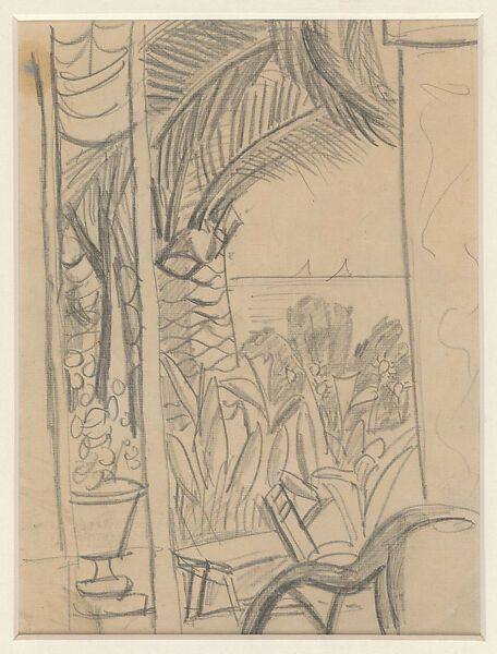 View of the Terrace at the Palace Hotel in Spotorno, Max Beckmann (German, Leipzig 1884–1950 New York), Graphite on paper 