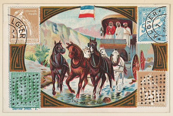 The Mail in Algiers, bakery card from the Stamps and Mail Carriers of All Nations series (D73), issued by the Rochester Baking Company, Issued by Rochester Baking Company, Commercial color lithograph 
