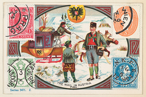 The Mail in Austria, bakery card from the Stamps and Mail Carriers of All Nations series (D73), issued by the Rochester Baking Company, Issued by Rochester Baking Company, Commercial color lithograph 