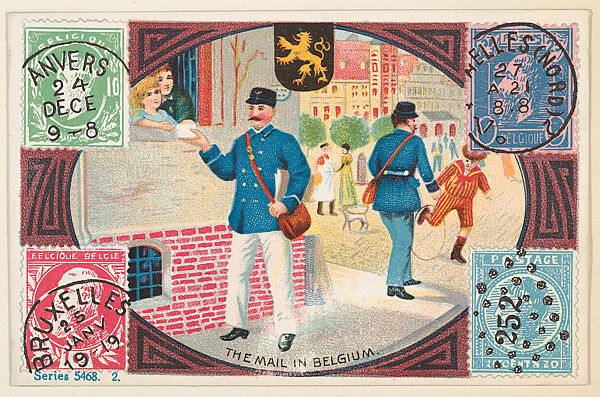 The Mail in Belgium, bakery card from the Stamps and Mail Carriers of All Nations series (D73), issued by the Rochester Baking Company, Issued by Rochester Baking Company, Commercial color lithograph 