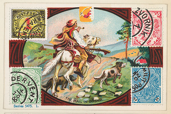 The Mail in Bosnia, bakery card from the Stamps and Mail Carriers of All Nations series (D73), issued by the Rochester Baking Company, Issued by Rochester Baking Company, Commercial color lithograph 