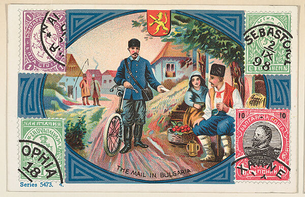 The Mail in Bulgaria, bakery card from the Stamps and Mail Carriers of All Nations series (D73), issued by the Rochester Baking Company, Issued by Rochester Baking Company, Commercial color lithograph 