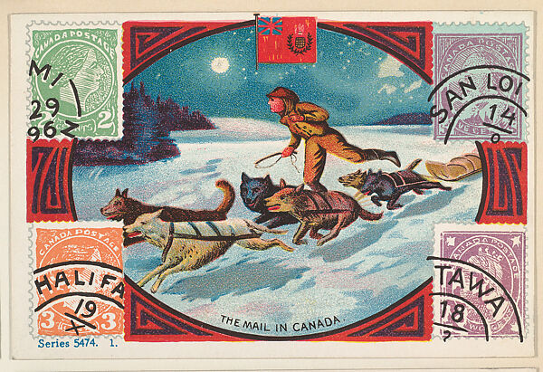 The Mail in Canada, bakery card from the Stamps and Mail Carriers of All Nations series (D73), issued by the Rochester Baking Company, Issued by Rochester Baking Company, Commercial color lithograph 