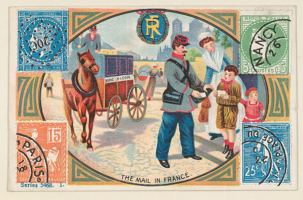 The Mail in France, bakery card from the Stamps and Mail Carriers of All Nations series (D73), issued by the Rochester Baking Company, Issued by Rochester Baking Company, Commercial color lithograph 