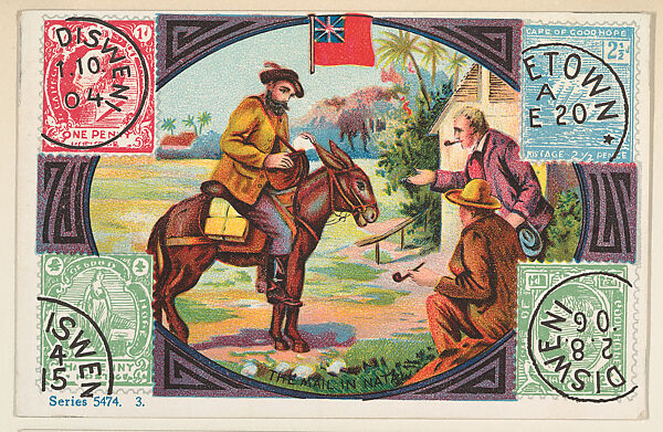 The Mail in , bakery card from the Stamps and Mail Carriers of All Nations series (D73), issued by the Rochester Baking Company, Issued by Rochester Baking Company, Commercial color lithograph 