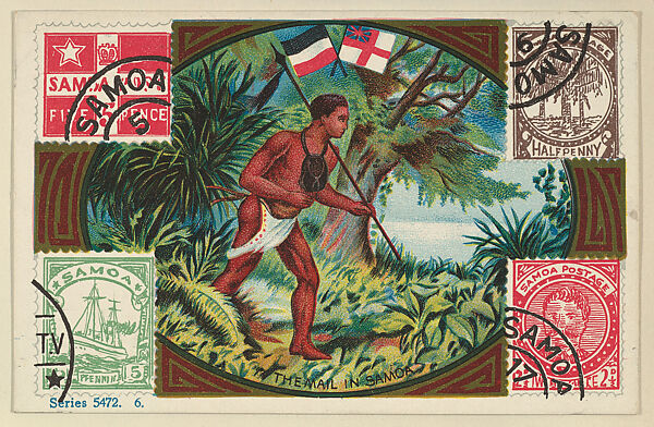 The Mail in Samoa, bakery card from the Stamps and Mail Carriers of All Nations series (D73), issued by the Rochester Baking Company, Issued by Rochester Baking Company, Commercial color lithograph 