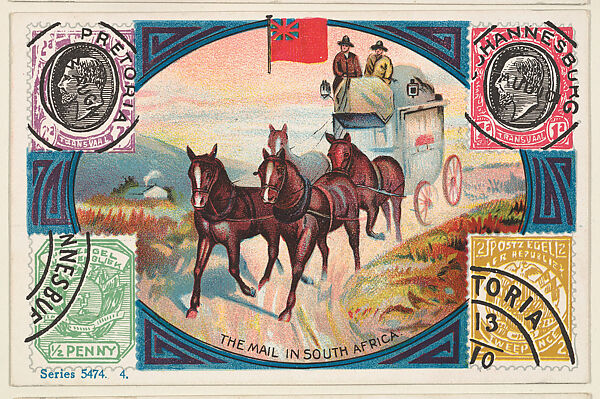 The Mail in South Africa, bakery card from the Stamps and Mail Carriers of All Nations series (D73), issued by the Rochester Baking Company, Issued by Rochester Baking Company, Commercial color lithograph 