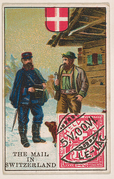 The Mail in Switzerland, bakery card from the Stamps and Mail Carriers of All Nations series (D73), issued by the Rochester Baking Company, Issued by Rochester Baking Company, Commercial color lithograph 