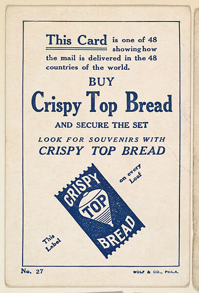 Verso of bakery card from the Stamps and Mail Carriers of All Nations series (D73), issued by Crispy Top Bread, Issued by Crispy Top Bread, Commercial color lithograph 