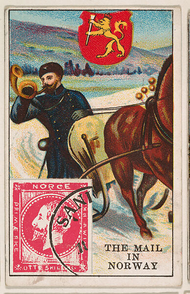 The Mail in Norway, bakery card from the Stamps and Mail Carriers of All Nations series (D73), issued by the Rochester Baking Company, Issued by Rochester Baking Company, Commercial color lithograph 