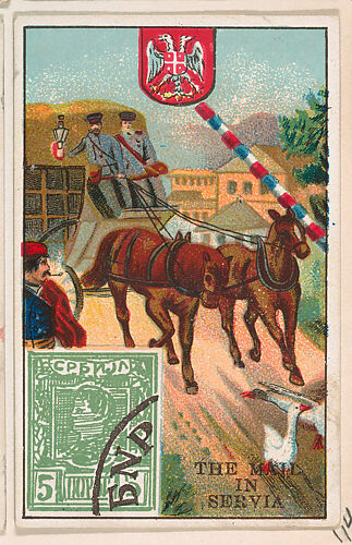 The Mail in Servia, bakery card from the Stamps and Mail Carriers of All Nations series (D73), issued by the Rochester Baking Company