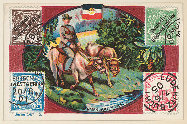 The Mail in German South West Africa, bakery card from the Stamps and Mail Carriers of All Nations series (D73), issued by the Rochester Baking Company, Issued by Rochester Baking Company, Commercial color lithograph 