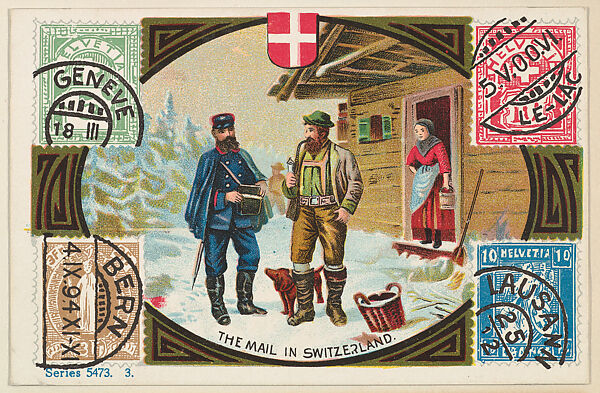 The Mail in Switzerland, bakery card from the Stamps and Mail Carriers of All Nations series (D73), issued by the Rochester Baking Company, Issued by Rochester Baking Company, Commercial color lithograph 