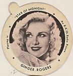 Ginger Rogers, from the Movie Stars series (small wine lid) (F4), issued by the Individual Drinking Cup Company, Inc.