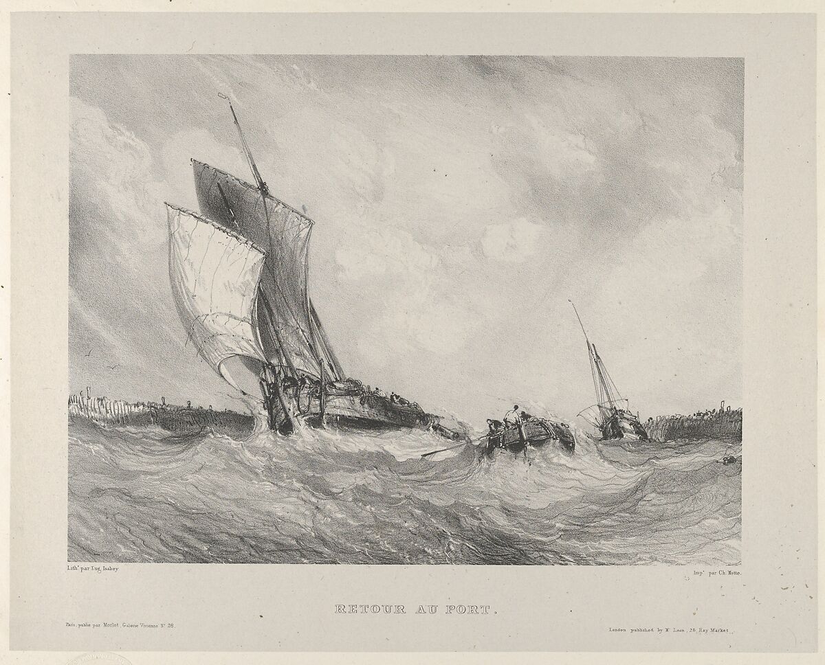 Returning to the Port, Eugène Isabey (French, Paris 1803–1886 Lagny), Lithograph in black on light gray chine collé laid down on ivory wove paper; first state of two 