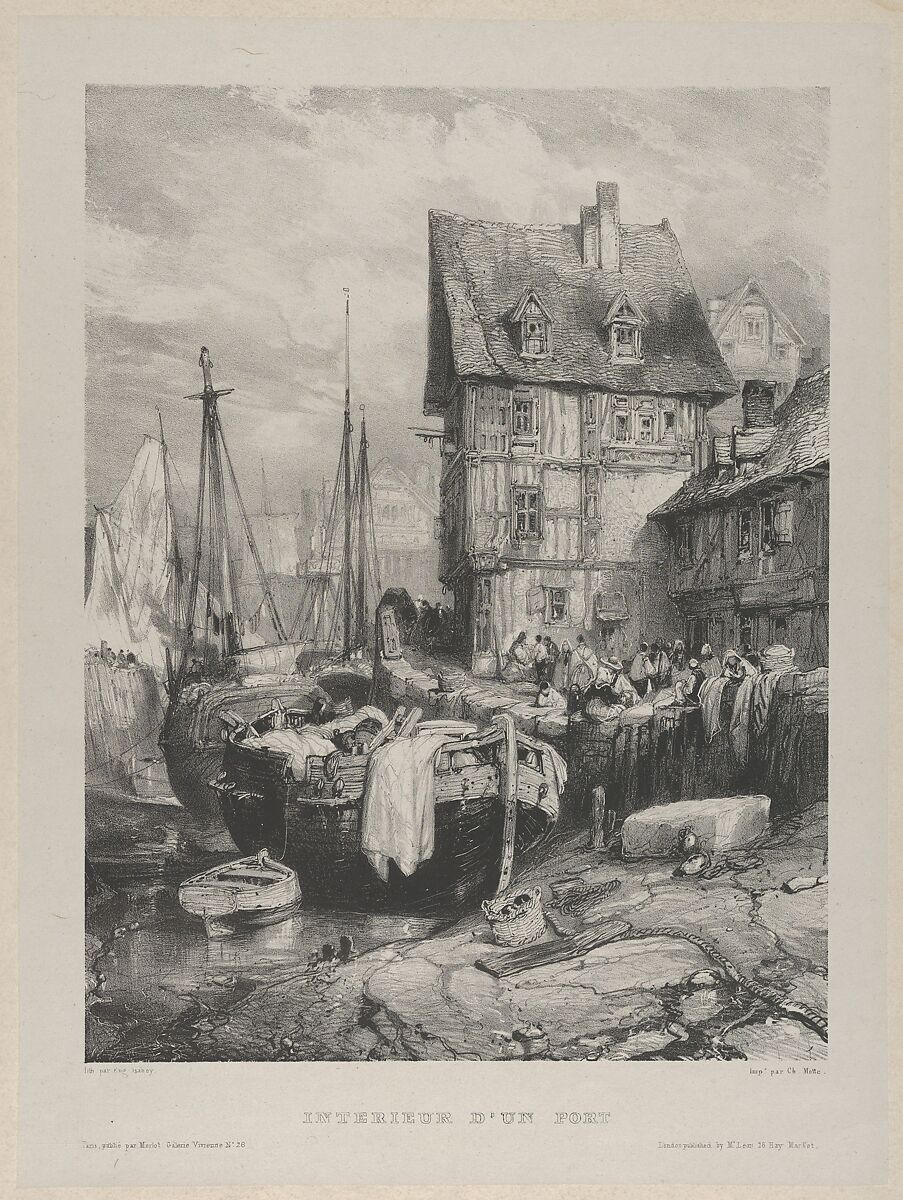 Interior of a Port, Eugène Isabey (French, Paris 1803–1886 Lagny), Lithograph in black on light gray chine collé laid down on ivory wove paper; first state of three 