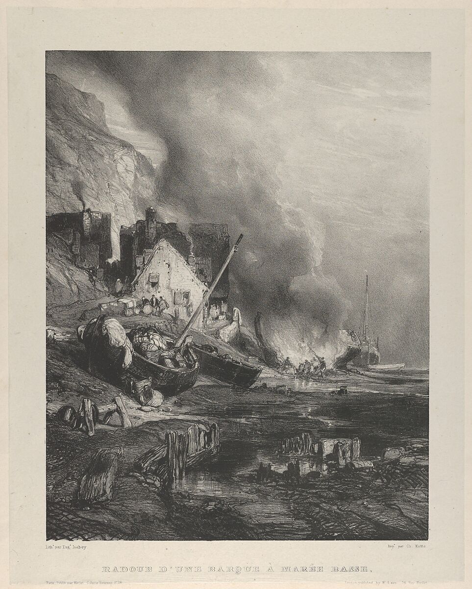 Refitting of a Ship at Low Tide, Eugène Isabey (French, Paris 1803–1886 Lagny), Lithograph in black on light gray chine collé laid down on ivory wove paper; second state of three 