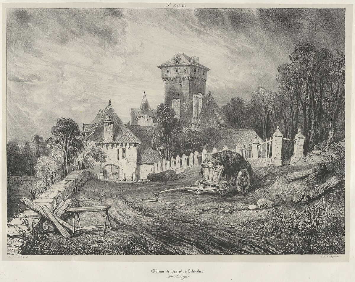 Pesteil Castle in Polminhac, Eugène Isabey (French, Paris 1803–1886 Lagny), Lithograph in black on light gray chine collé laid down on ivory wove paper; only state 