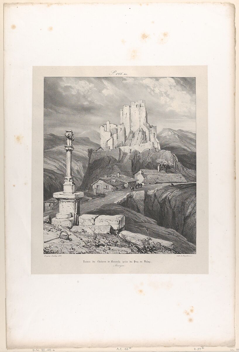 The Bouzols Castle Ruins Near Puy en Delay, Eugène Isabey (French, Paris 1803–1886 Lagny), Lithograph in black on light gray chine collé laid down on ivory wove paper; second state of two 