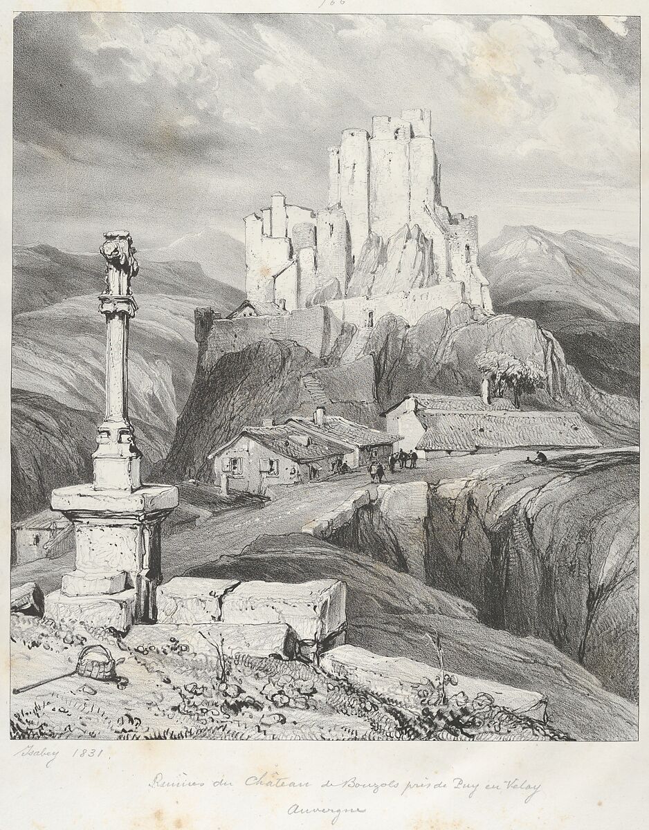 The Bouzols Castle Ruins Near Puy en Delay, Eugène Isabey (French, Paris 1803–1886 Lagny), Lithograph in black on light gray chine collé laid down on ivory wove paper; first state of two, before lettering 