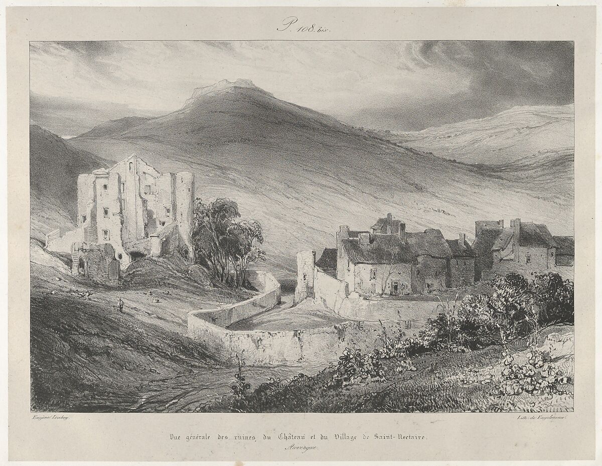 General View of Castle Ruins and of The Village of Saint-Necataire, Eugène Isabey (French, Paris 1803–1886 Lagny), Lithograph in black on light gray chine collé laid down on ivory wove paper; second state of two 